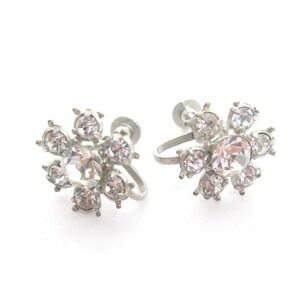 VINTAGE CLEAR RHINESTONE FLOWER STYLE ART DECO SILVER PLATED‎ SCREWBACK EARRINGS